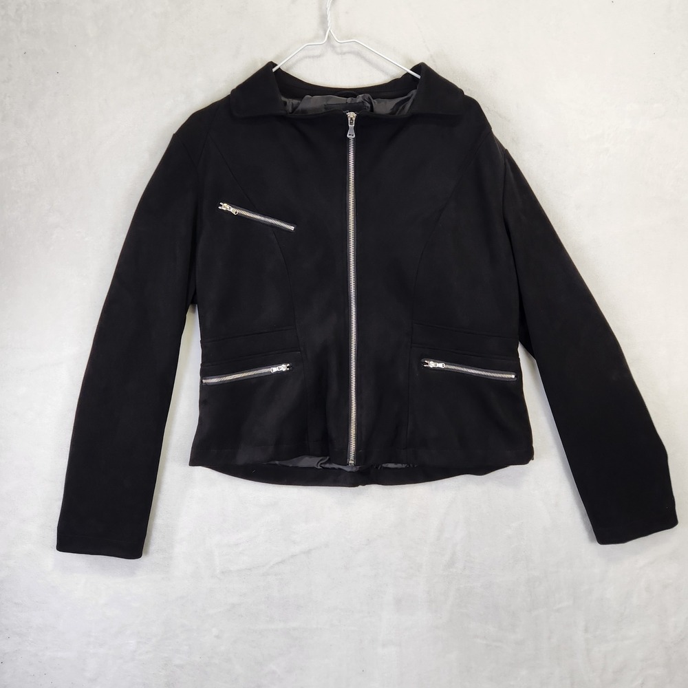 Ookie & Lala Womens Black‎ Faux Suede Moto Jacket Zip Front OLJ82004 Large